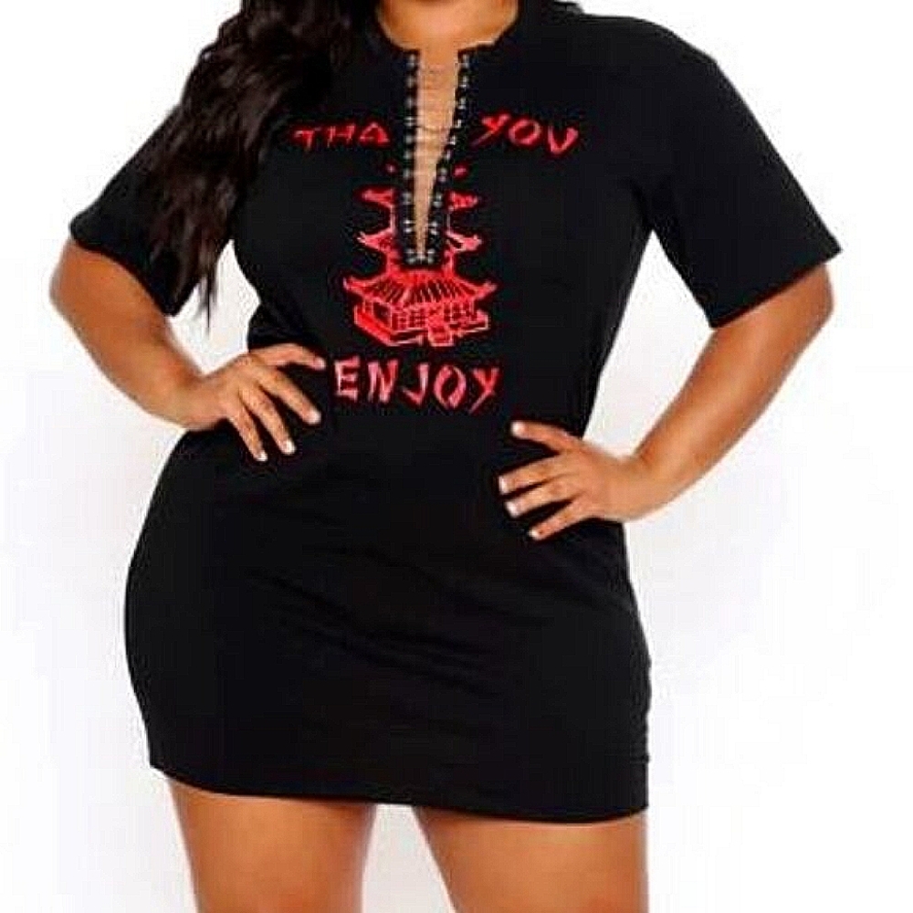 Fashion Nova "Thanks Enjoy" Long Sleeve T-Shirt Dress (Size Available: 2X)